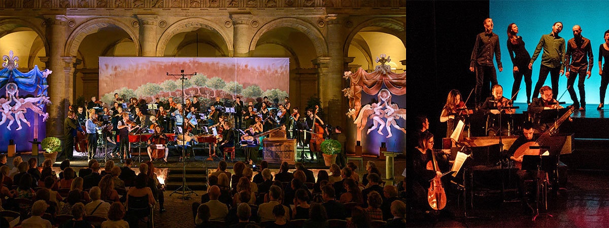 Photo de gauche: Concert Trionfo Romano au Palais Farnèse, Rome, 18 juin 2022 Concert Trionfo Romano au Palais Farnès + Dido & Aeneas, avec Farid Berki et la compagnie de danse Melting Spot